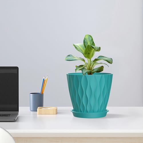 Meowell 6 inch Flower Pots, 5 Pack Plant Pots for Indoor Plants, Water Ripples Plastic Planters with Drainage Holes and Saucers, Nursery Pots for Small Succulent Garden House Plants, Blue Green - color: Blue Green, size: 6 inch 5 pieces