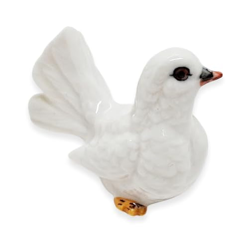 WitnyStore Tiny 1⅛" White Looking Left Pigeon Dove Bird Figurine - Miniature Hand Made Painted Ceramic Birds Aves Colorful Porcelain Feathered Animals Cute Decorative Collectible Figures Décor Gifts