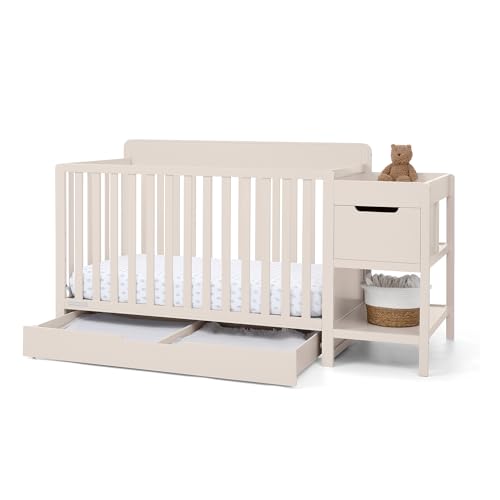 Delta Children Maya 5-in-1 Convertible Crib and Changer with Storage, Converts to Toddler Bed, Daybed, Sofa & Full Bed, Greenguard Gold Certified, 3 Mattress Heights for Baby, Soft Beige - color: Soft Beige