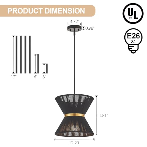 Hand Woven Boho Pendant Light Coastal Mini Modern Chandelier Adjustable Transitional Minimalist Pendant Lighting Fixtures for Kitchen Island Dining Room, Black, Dia 12.2”, UL Listed - color: 12" Black