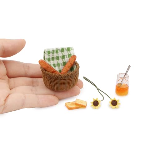 Miniature Food Dollhouse Accessories Garden Decor 1:12 Scale Bread Honey Picnic Basket Cloth Flowers 9PCS Garden Decoration Mini Room Display Props Model (Green Picnic Cloth) - style: Green Picnic Cloth