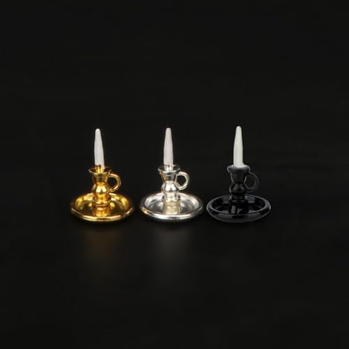 Dollhouse Miniature Candlesticks 3 PCS Candle Holder Set 1/12 Scale Vintage Candles Doll House Desk Ornament Accessories with Metal Round Base for for Fairy Garden (Mixed Color) - color: Mixed Color