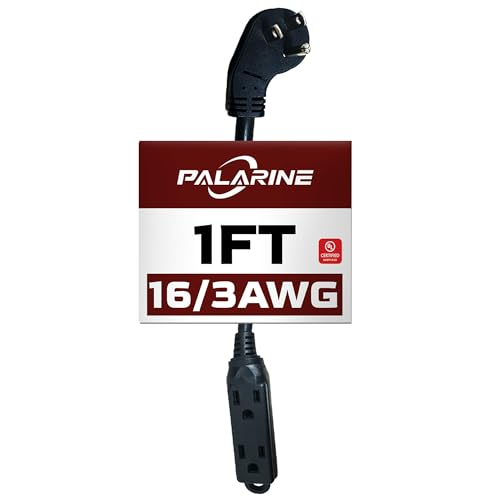 1 Ft Black Flat Plug Extension Cord with 3 Outlets, 16 Gauge Heavy Duty - color: Black, size: 1 FT