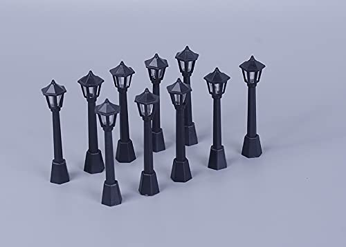 Dong Huang 10pcs Mini Miniature Street Light Model, Railway Train Solar Lamp Post Lamps, Outdoor Pathway Lantern Post for Dollhouse Decoration Micro Landscape Fairy Garden Lighting Accessories, Black