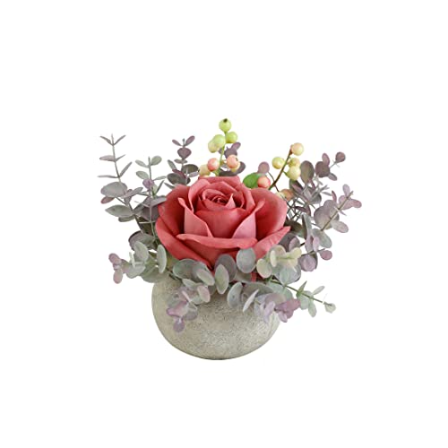 Small Artificial Pink Rose Potted Plant, Mini Faux Floral Decor - color: Pink