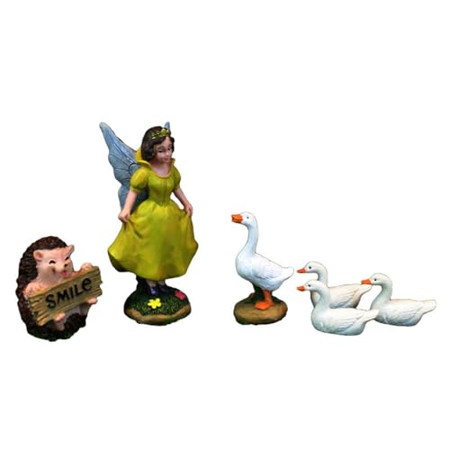 Miniature Garden Fairy Set, 6 PCS Resin Figurines with Winged Fairy in Yellow Dress, Hedgehog with Smile Sign, White Ducks, Outdoor Indoor Decor - color: 6 Pcs Fairy Hedgehog Ducks Set