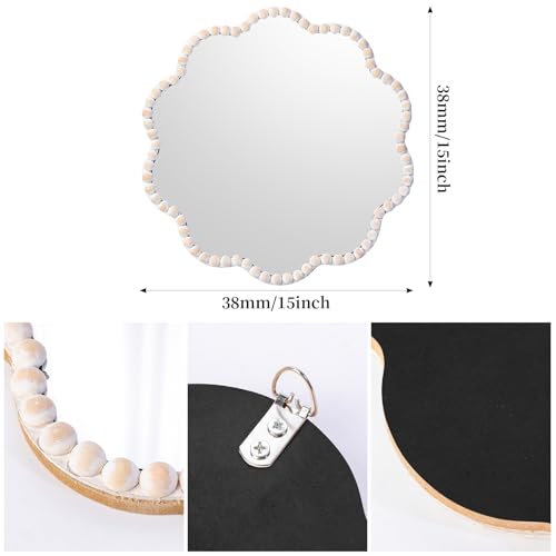 15inch Small Boho Beaded Flower Mirror for Wall Decor, Cute Decorative Hanging Wooden Circle Nursery Mirrors for Girl Room, Bedroom, Livingroom - color: Flower