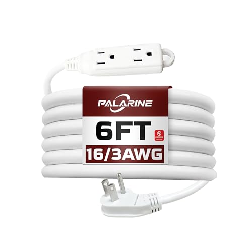 6 Ft White Flat Plug Extension Cord with 3 Outlets, 16 Gauge Heavy Duty - color: White, size: 6 FT