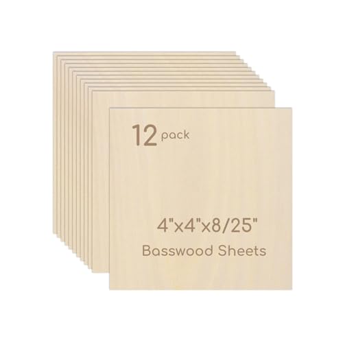 12 Pack Plywood Sheets, 4" x 4"x 8/25" Basswood Sheets - color: 12 Pack, size: 4" x 4"x 8/25"