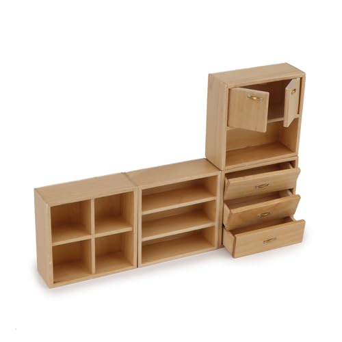Dollhouse Miniature Furniture Set 4PCS Wooden Cabinet Cupboard 1:12 Dollhouse Various Styles Decoration DIY Freely Combinable Furniture Kit Kitchen Bedroom Living Room Display Ornaments (Wood) - style: Wood