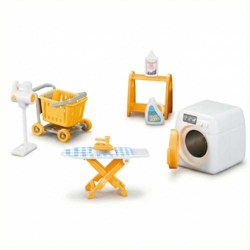 Family Dollhouse Laundry Set — Washing Machine, Ironing Board & Iron, Vacuum, Storage Stand & Rolling Cart — Dollhouse Furniture & Accessories for Ages 3+ - style: Laundry Set