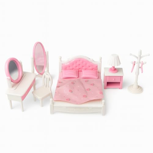 Family Dollhouse Bedroom Set — Bed, Pillows & Bedspread, Vanity with Mirror, Nightstand, Floor Mirror, Chair, Lamp, Coat Rack & Hangers — Dollhouse Furniture & Accessories for Ages 3+ - style: Bedroom Set