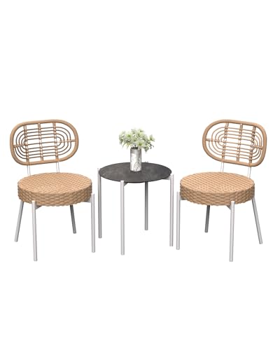 GarveeLife 3 Piece Wicker Patio Bistro Furniture Set, Outdoor Dining Chairs, Includes 2 Rattan Chairs and Tempered Glass Table, for Garden, Backyard, Balcony, Apartment (White & Brown) - color: White & Brown