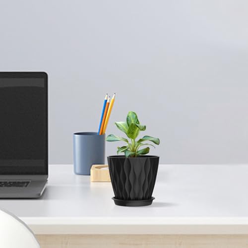 Meowell 4 inch Small Plastic Nursery Pots, Seedling Pots, 5 Set Water Ripples Plant Pots for Indoor Plants, Flower Pots with Drainage Holes and Saucers, Seed Starter Pots for Succulent Plants, Black - color: Black, size: 4 inch 5 pieces