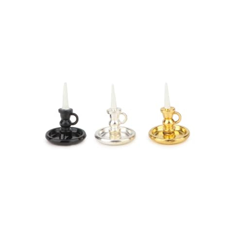 Dollhouse Miniature Candlesticks 2 PCS Candle Holder Set 1/12 Scale Vintage Candles Doll House Desk Ornament Accessories with Metal Round Base for for Fairy Garden (Black) - color: Black