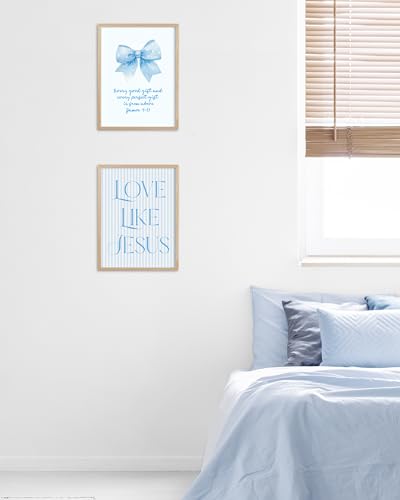 HesenDot Blue Bow James 1:17 Christian Inspirational OAK Framed Wall Art - color: Blue Bow James 1:17