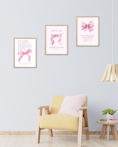 HesenDot Pink Bow Christian Oak Framed Wall Art, Every Good Gift Poster - color: Pink James 1:17