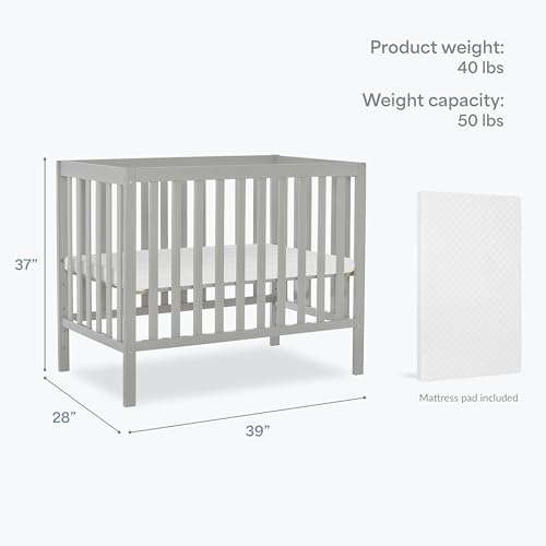 Dream On Me Edgewood 4-in-1 Convertible Mini Baby Crib in Cool Grey, GreenGuard Gold & JPMA, Non-Toxic, Compact 40×25×33″ Design, Converts to Mini Daybed & Twin Bed, 1″ Mattress Pad - color: Cool Grey