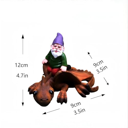 Garden Gnome Riding Dragon Statue, Hand-Carved Original Design, 4.7x3.5 Inch Funny Outdoor Decor, for Dinosaur Lovers, Boys, Fantasy Garden Figurine - style: Gnome Riding Dragon