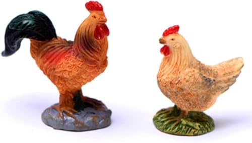 2Pcs Miniature Chicken Mini Carved Ornament Figurine Farm Hen and Farm Rooster Figurine Small Animals Collectible, Miniature Outdoor Statues for Micro Landscape