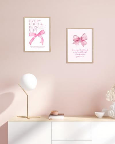 HesenDot Pink Bow Christian Oak Framed Wall Art, Every Good Gift Poster - color: Pink James 1:17