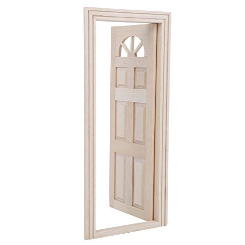 Miniature Dolls House Front Door Wooden Door Window Frame Toy Accessory, Quality Birch Material, DIY Craft Decor for Dollhouse (Six-Frame Door)