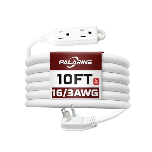 10 Ft White Flat Plug Extension Cord with 3 Outlets, 16 Gauge Heavy Duty - color: White, size: 10 FT