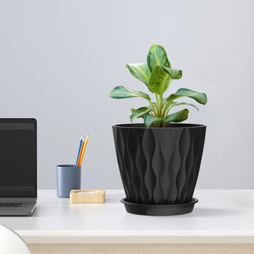 Meowell 6 inch Plant Pots, 5 Pack Flower Pots for Indoor Outdoor Plants, Water Ripples Plastic Planters with Drainage Holes and Saucers, Nursery Pots for Small Succulent Garden House Plants, Black - color: Black, size: 6 inch 5 pieces