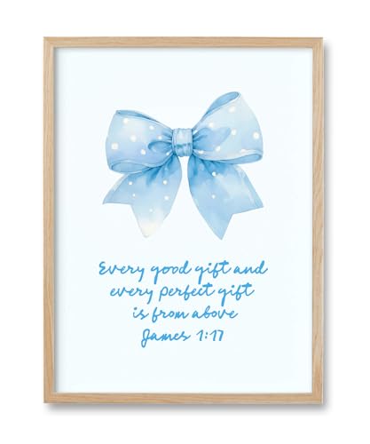 HesenDot Blue Bow James 1:17 Christian Inspirational OAK Framed Wall Art - color: Blue Bow James 1:17