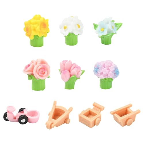 Stiesy 40 Pcs Resin Flower Cart Sets Miniature Floral Figurines Garden Decor for Fairy Garden Terrarium Landscape Dollhouse Display Accessories - color: Flower & Cart-40pcs