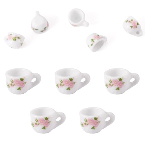 5Pcs Porcelain Cup Charms Miniature Ceramics Cup Mini Tea Cups Hanging Pendant with Flower for Keychains Earrings Jewelry Making Dollhouse Desktop Decor - color: White With Pink Flower