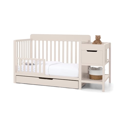 Delta Children Maya 5-in-1 Convertible Crib and Changer with Storage, Converts to Toddler Bed, Daybed, Sofa & Full Bed, Greenguard Gold Certified, 3 Mattress Heights for Baby, Soft Beige - color: Soft Beige