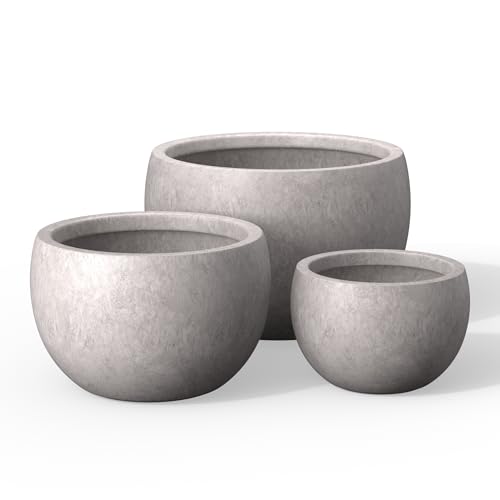 Kante Set of 3 CON Gray Concrete Bowl Planters 19.9" 15.7" 11.8" Dia - color: Light Gray, size: 19.9"D + 15.7"D + 11.8"D