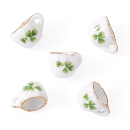 5Pcs Clover Pattern Handmade Porcelain Mini Teacup White Miniature Ceramics Tea Cups Cute Tiny Drink Beverage Dollhouse Kitchen Accessories for Necklaces Keychain Earring Jewelry Making - color: White With Clover