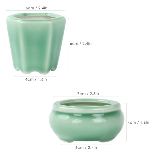 Bonsai Planter Succulent 2.4-2.8" (6-7cm) Mini Green Pots Value Set of 2 - color: Green 2pc
