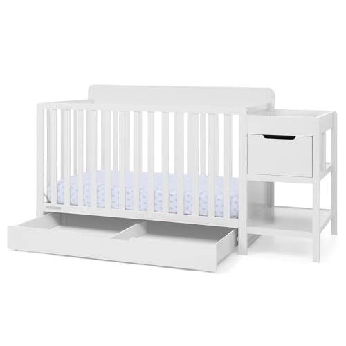 Delta Children Maya 5-in-1 Convertible Crib and Changer with Storage, Converts to Toddler Bed, Daybed, Sofa & Full Bed, Greenguard Gold Certified, 3 Mattress Heights for Baby, Bianca White - color: Bianca White
