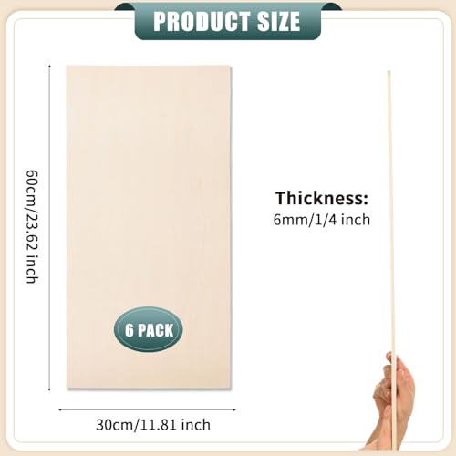 6 Pack 12 x 24 x 1/4 Inch-6mm Thick Basswood Sheets for Crafts Unfinished Plywood Sheets Rectangular Wood Panel Boards for DIY Laser Project, Wood Burning, Engraving, Architectural Models, Staining - size: 12 x 24 x 1/4 Inch
