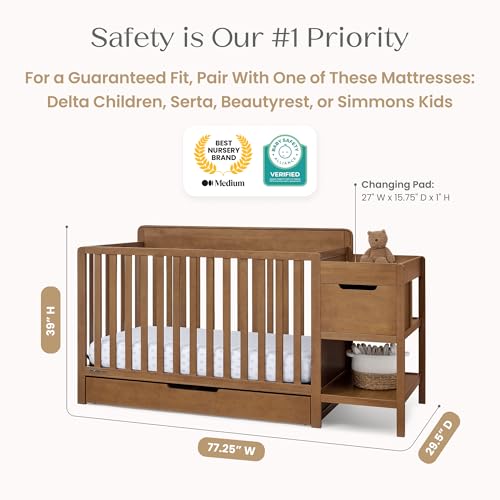 Delta Children Maya 5-in-1 Convertible Crib and Changer with Storage, Converts to Toddler Bed, Daybed, Sofa & Full Bed, Greenguard Gold Certified, 3 Mattress Heights for Baby, Chestnut - color: Chestnut