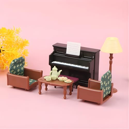 Family Dollhouse Living Room Set — Piano with Bench & Sheet Music, Two Armchairs, Coffee Table, Floor Lamp & Tea Set — Dollhouse Furniture & Accessories for Ages 3+ - style: Living Room Set
