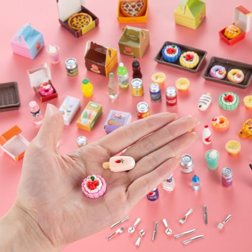 86 Pieces Miniature Pepperoni Pizza Cakes Donuts Tarts Ice Cream Burgers Set with Box for Dollhouse Mini Simulation DIY Prop Decoration Play Food Toys Pretend Kitchen Stores Supermarkets Accessories