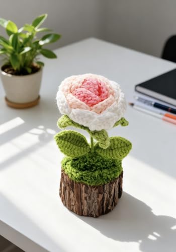 Crochet Pink Rose Flowers Bouquet for Women Office Desk Decor - color: Crochet Pink Rose