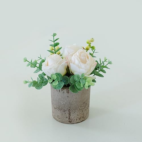 Artificial Burnt White Rose Potted Plant, Mini Faux Floral Decor - color: Burnt White