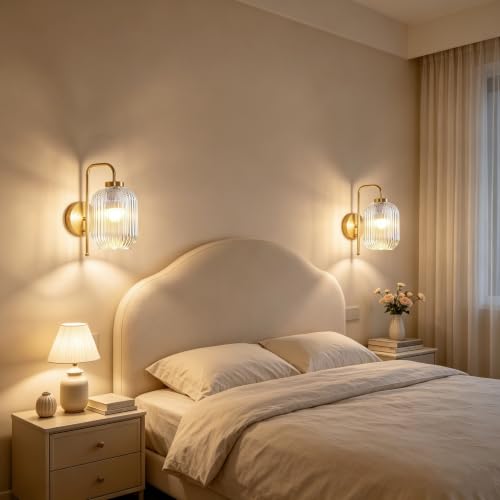 Vintage Battery Operated Wall Sconces, Clear Glass Lampshade - color: Gold-Clear Shade
