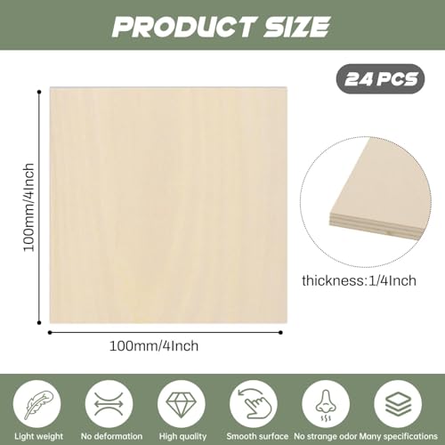 24 Pack Plywood Sheets, 4" x 4"x 1/4" Basswood Sheets - color: 24 Pack, size: 4" x 4"x 1/4"