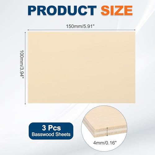 MECCANIXITY 3pcs Basswood Sheets 6x4 x 5/32" Unfinished Wood Boards Plywood - size: 6 x 4 x 5/32 Inch