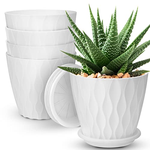 YNNICO 6 inch Plant Pots for Indoor with Drainage Holes and Tray Saucers - color: White, size: 6 inch