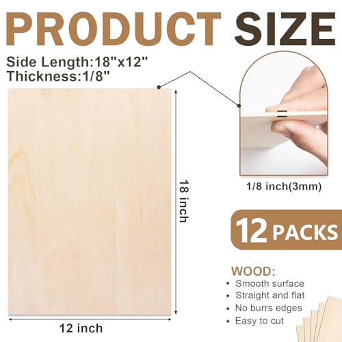 12 Pack Basswood Sheets for Crafts,18"x12"x1/8" 3mm Thick Plywood Sheets with Smooth Surfaces-Unfinished Squares Wood Boards for Laser Cutting, Wood Burning, Architectural Models, Staining - size: 12 Pack -18X12X1/8 Inch