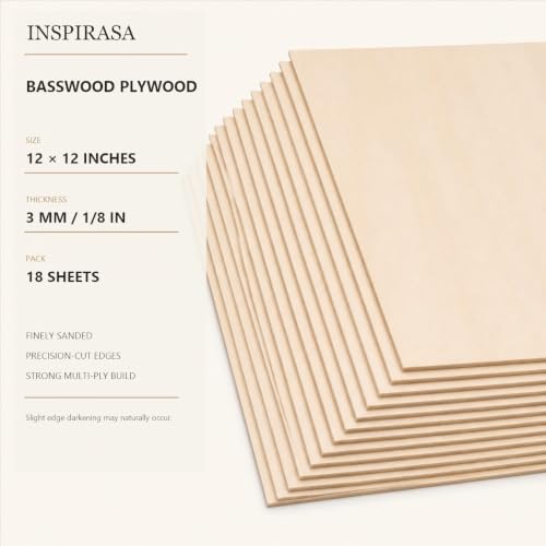 Basswood Plywood Sheets, 12 x 12 in, 3 mm, 18 Pack - size: 12 x 12 x 1/8 Inch