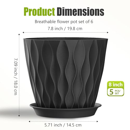 8 Inch Plastic Plant Pots,Set of 5 Flower Pots,Planters with Drainage Holes & Saucers, Indoor Outdoor Garden Pots for Home Decor (Black) - color: Black