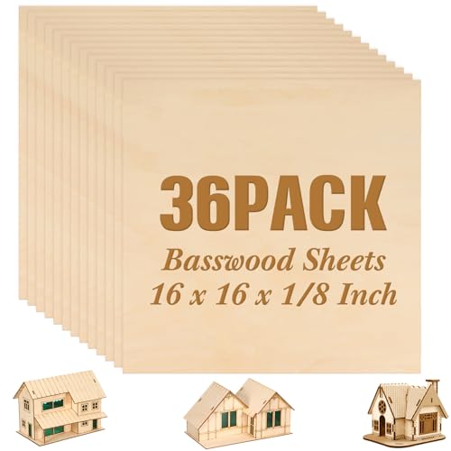 Riakrum Basswood Sheets Plywood Board Unfinished Wood Boards for Crafts for DIY Laser Projects Architectural Mini House Building Hobby Model Making(16 x 16 x 1/8 Inch,36) - size: 16 x 16 x 1/8 Inch